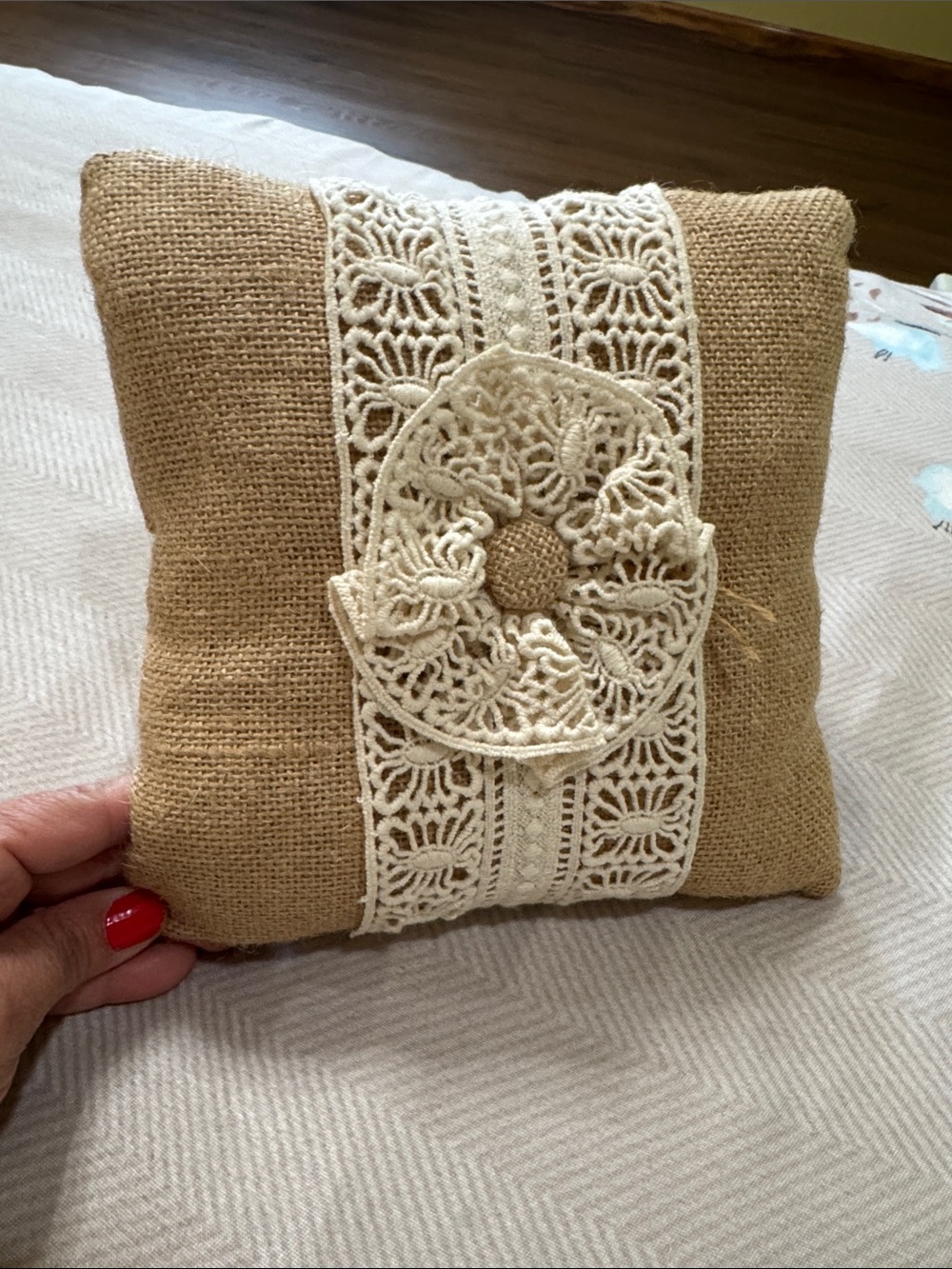 Celebrate It Burlap Accent Pillow with Cream Lace Flower